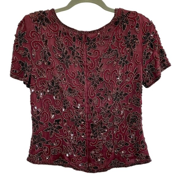 Adrianna Papell Vintage Silk Beaded Top Burgundy Red Petite 10 Short Sleeve Luxe - Picture 4 of 15